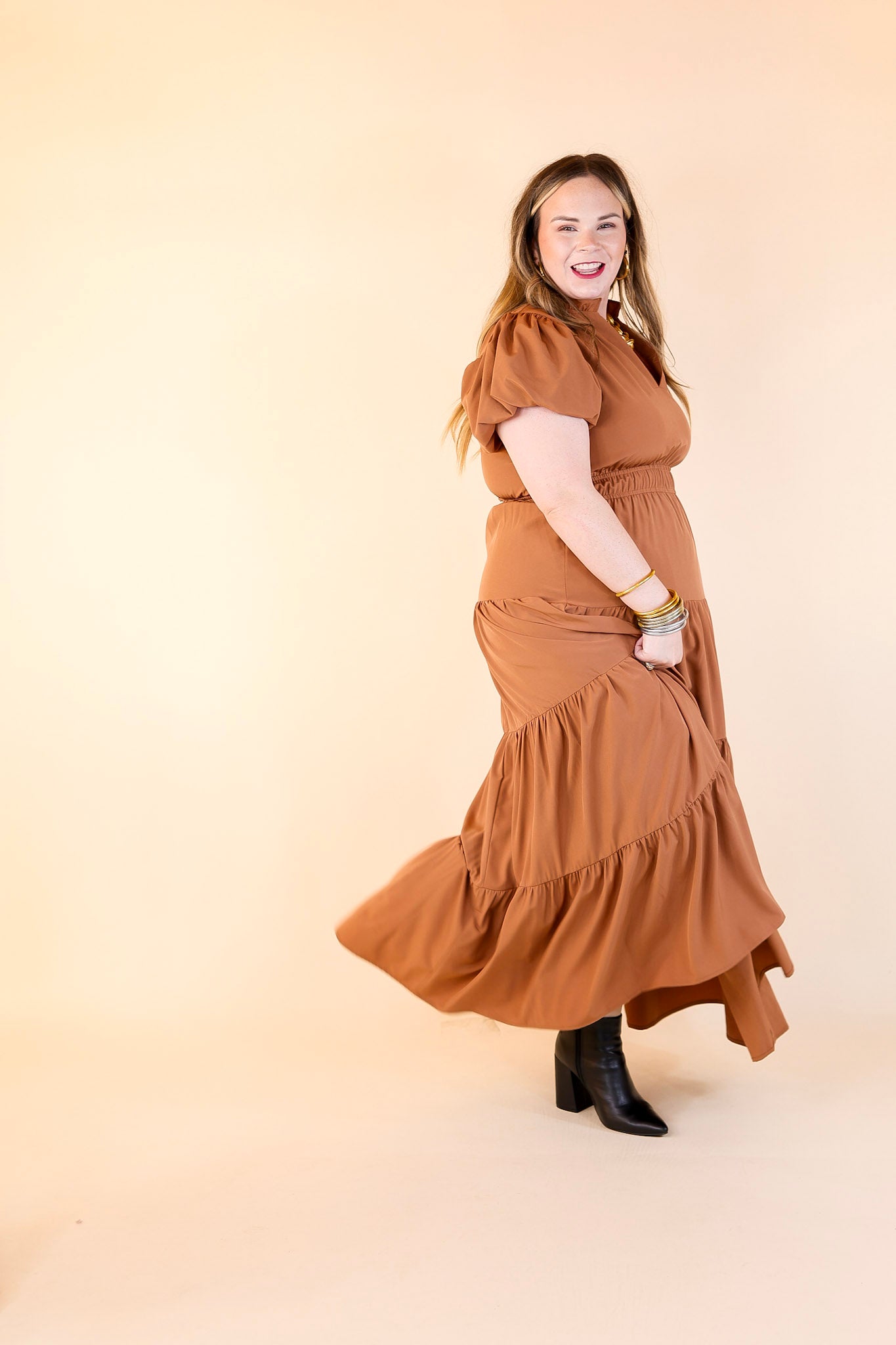 Table for Two Tiered Maxi Dress with Puff Sleeves in Clay Rust Orange