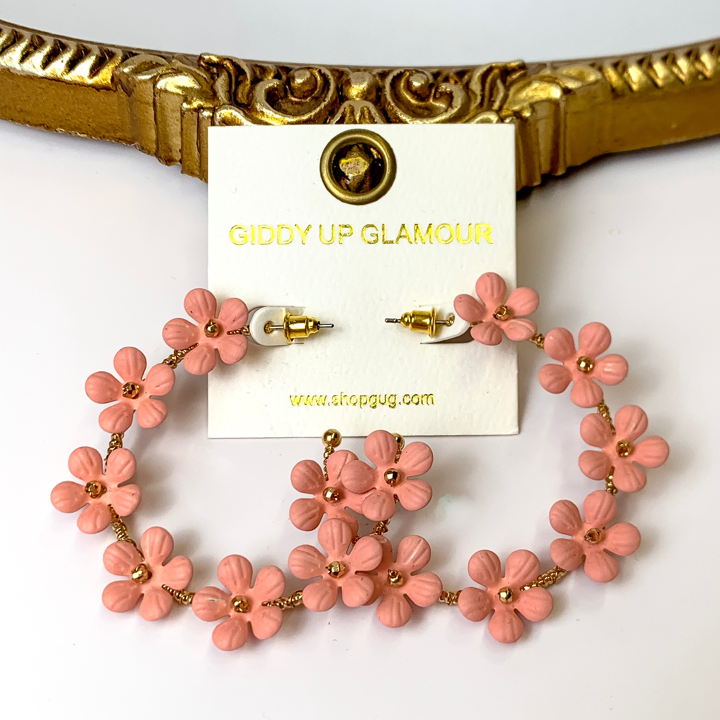 Market Flowers Gold Tone Hoop Earrings with Flower Charms in Coral Pink - Giddy Up Glamour Boutique