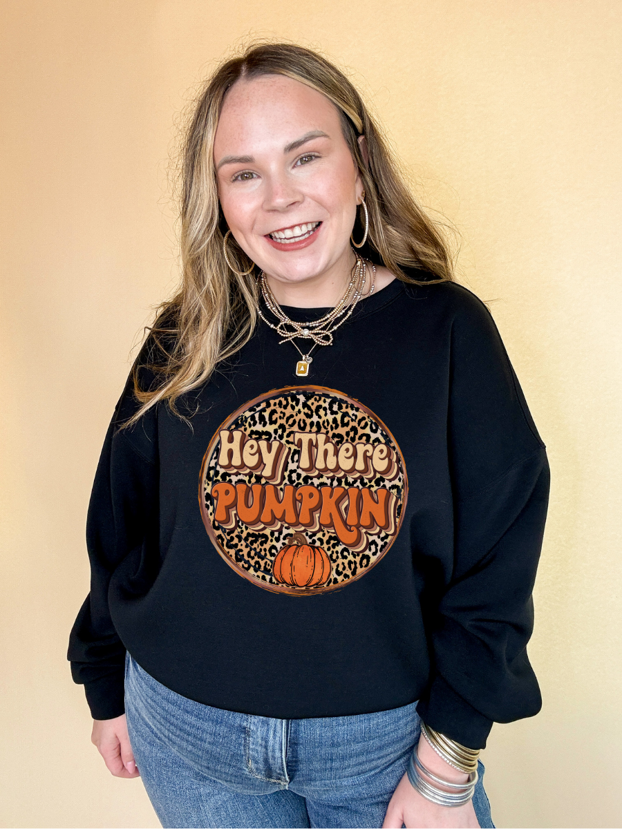 Online Exclusive | Hey There Pumpkin on Leopard background Graphic Sweatshirt in Multiple Color Options