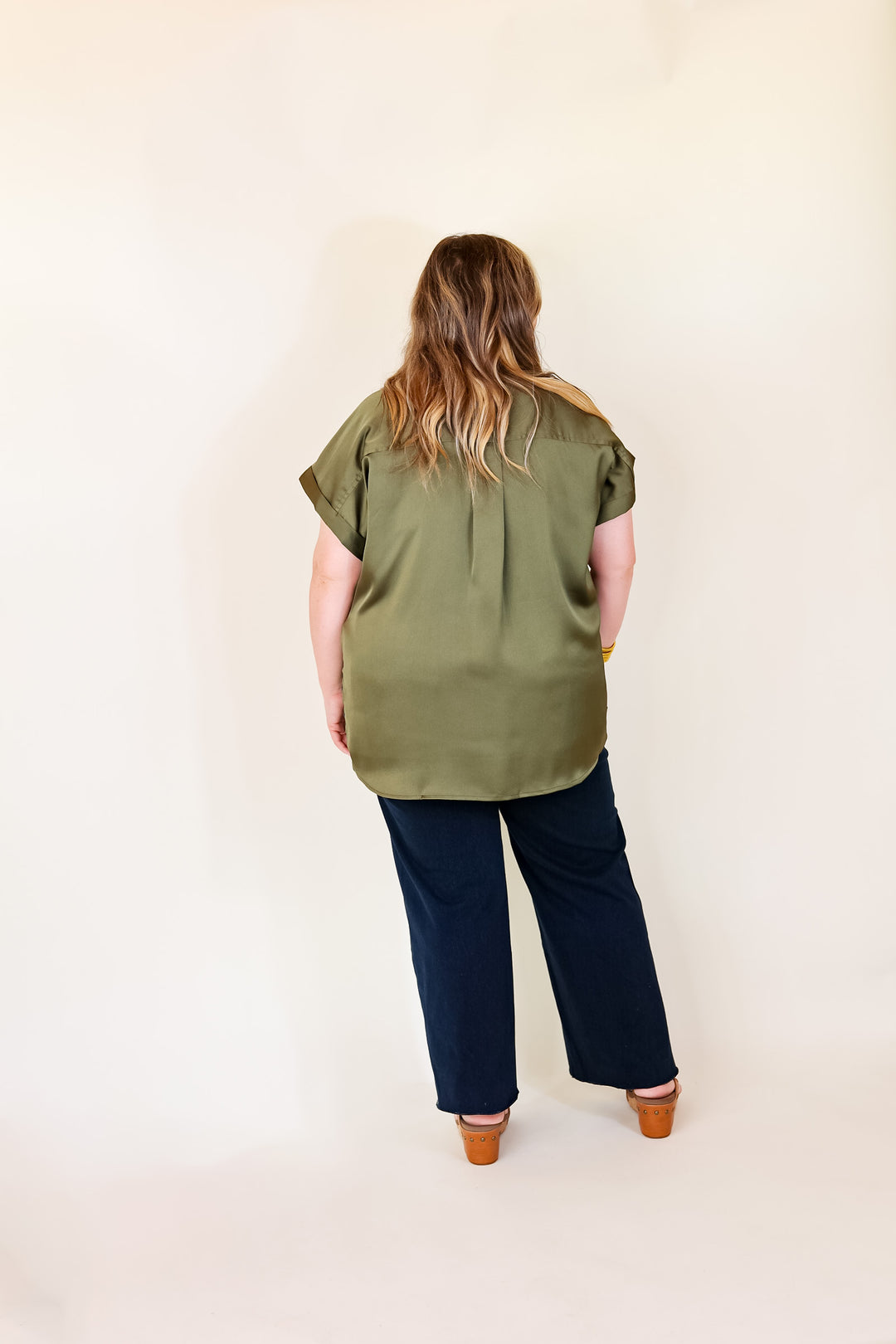 Free To Be Fab Button Up Short Sleeve Top in Olive Green - Giddy Up Glamour Boutique