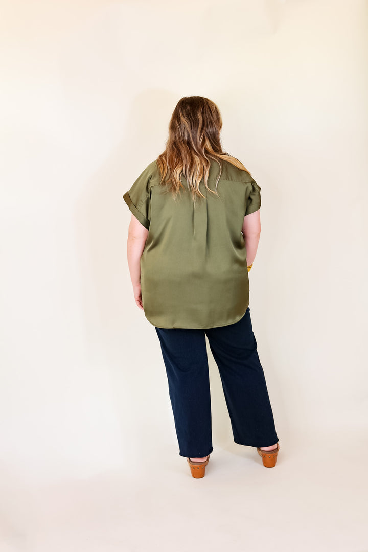 Free To Be Fab Button Up Short Sleeve Top in Olive Green - Giddy Up Glamour Boutique