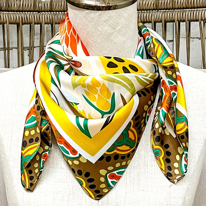 Golden Harvest Floral Fall Tones Silk Feel Square Scarf in Mustard, Green & Rust