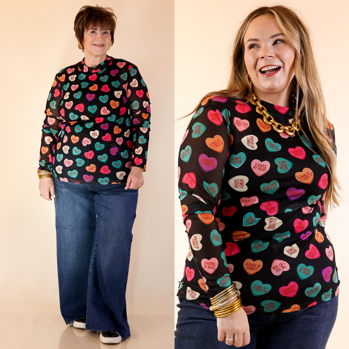 Sheer Confidence Western Theme Conversation Heart Print Mesh Long Sleeve Top in Black