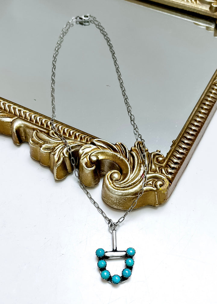 Sterling silver turquoise horse bit necklace with adjustable chain, Native American western jewelry necklace