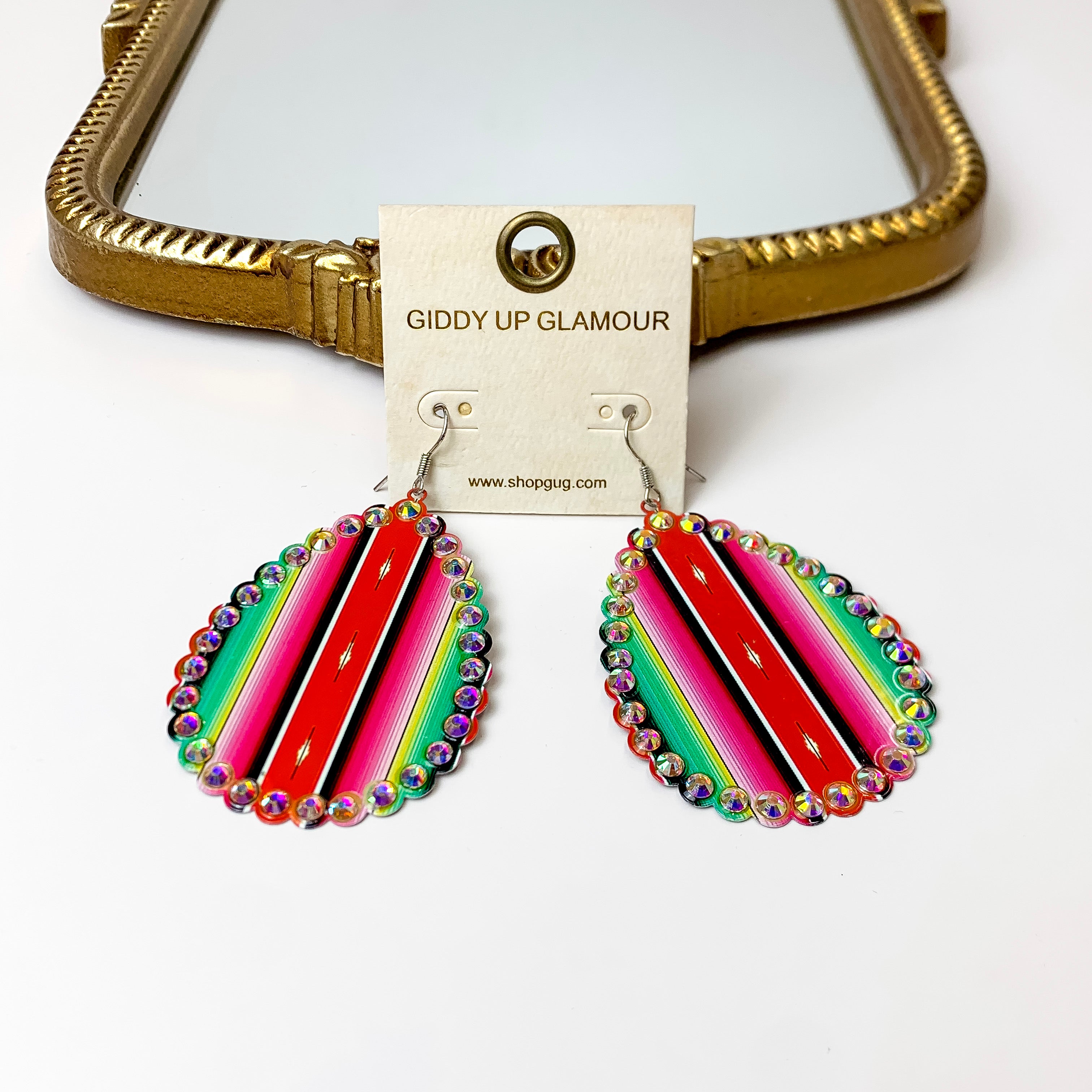 Scalloped Serape Teardrop Earrings with AB Crystal Trim in Red - Giddy Up Glamour Boutique