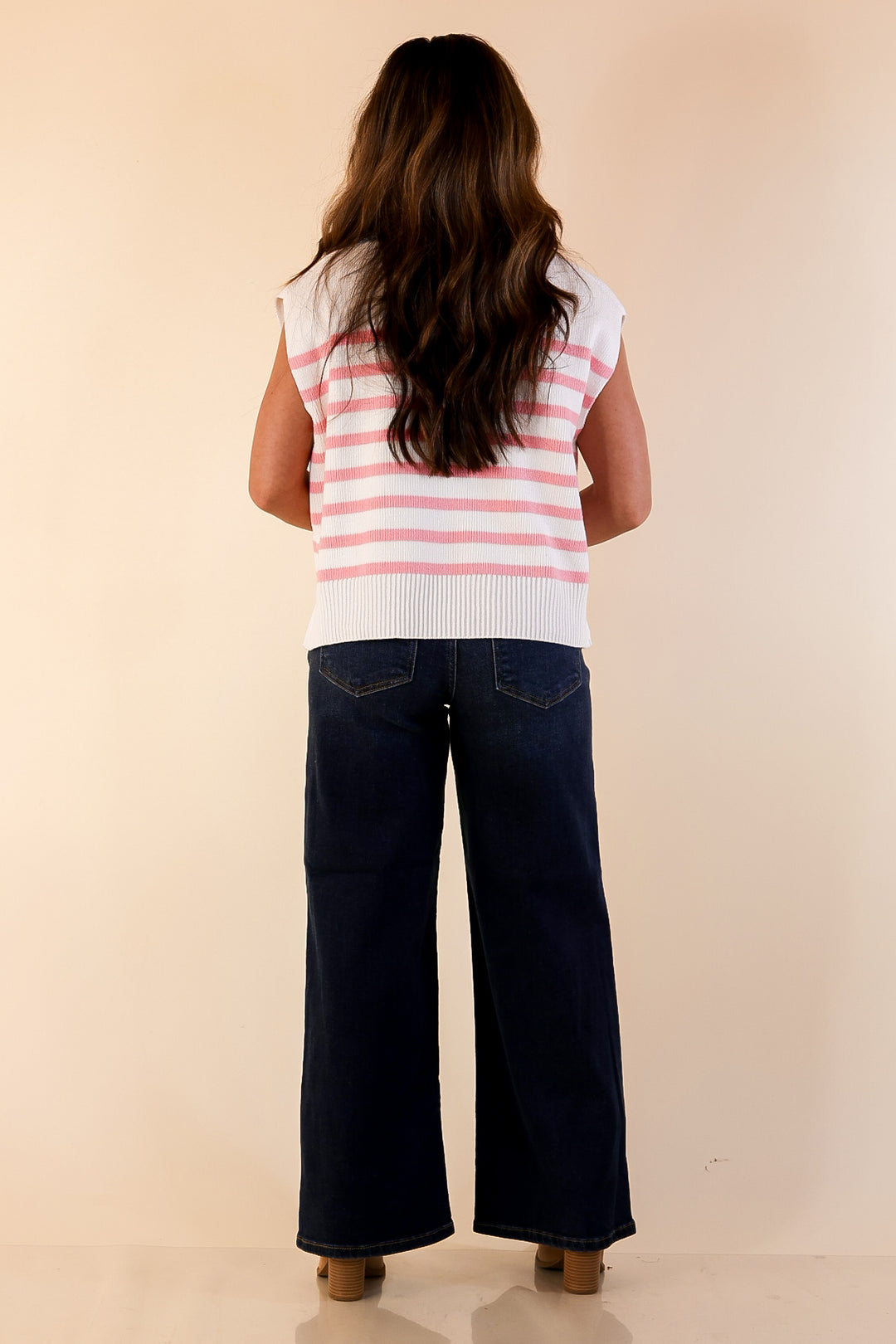 Stripe Things Up Drop Shoulder Knit Sweater in White with Pink Stripes