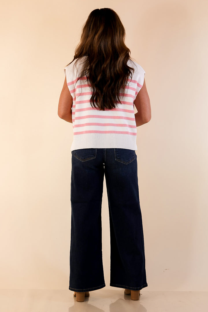 Stripe Things Up Drop Shoulder Knit Sweater in White with Pink Stripes