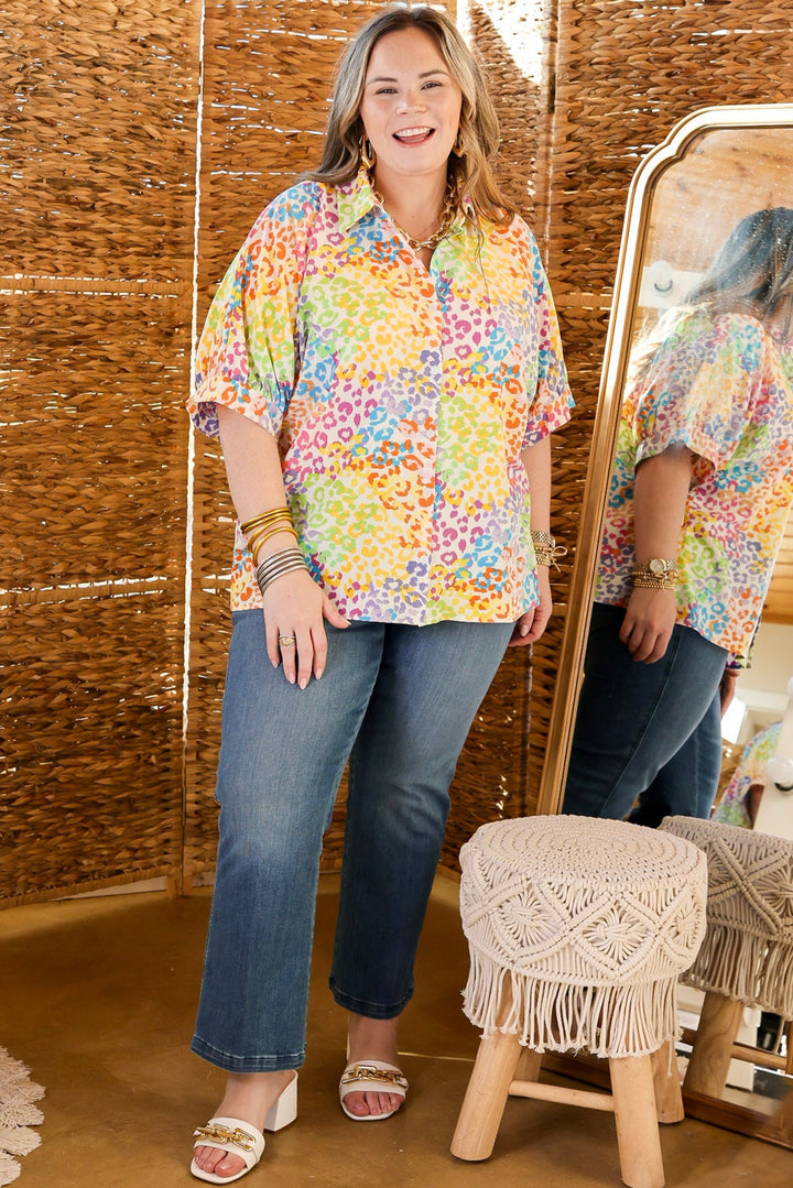 Vibrant Vision Multi-Color Collared Cheetah Print Top