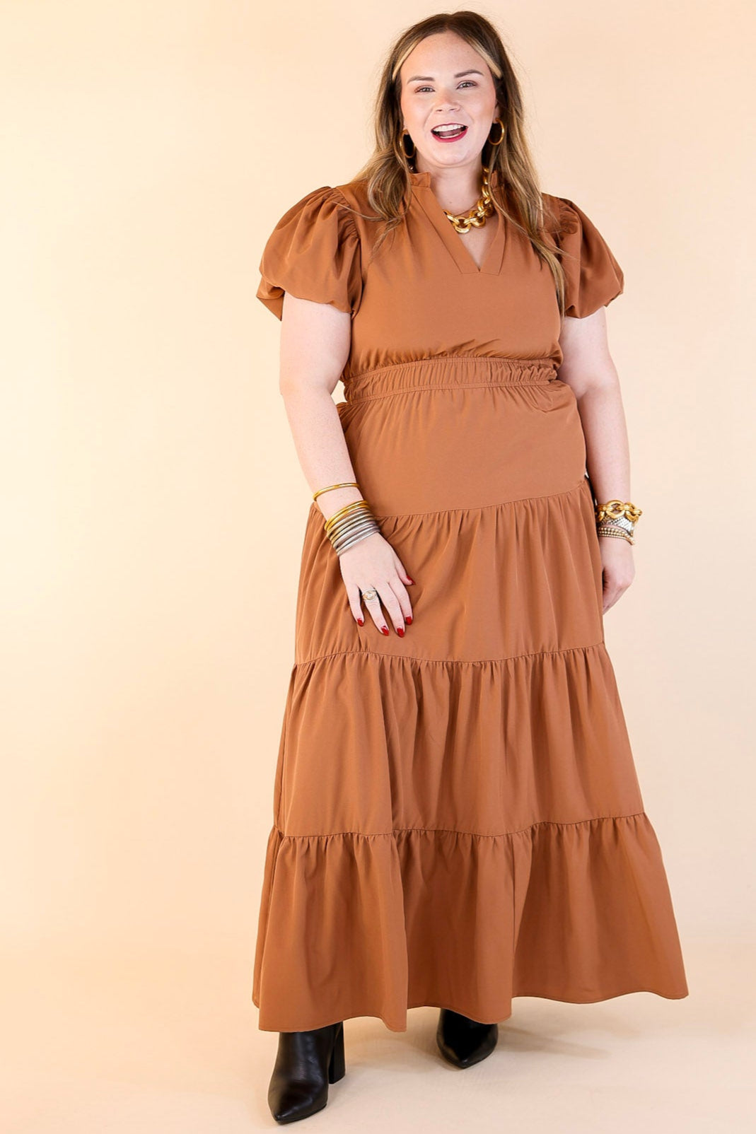 Table for Two Tiered Maxi Dress with Puff Sleeves in Clay Rust Orange