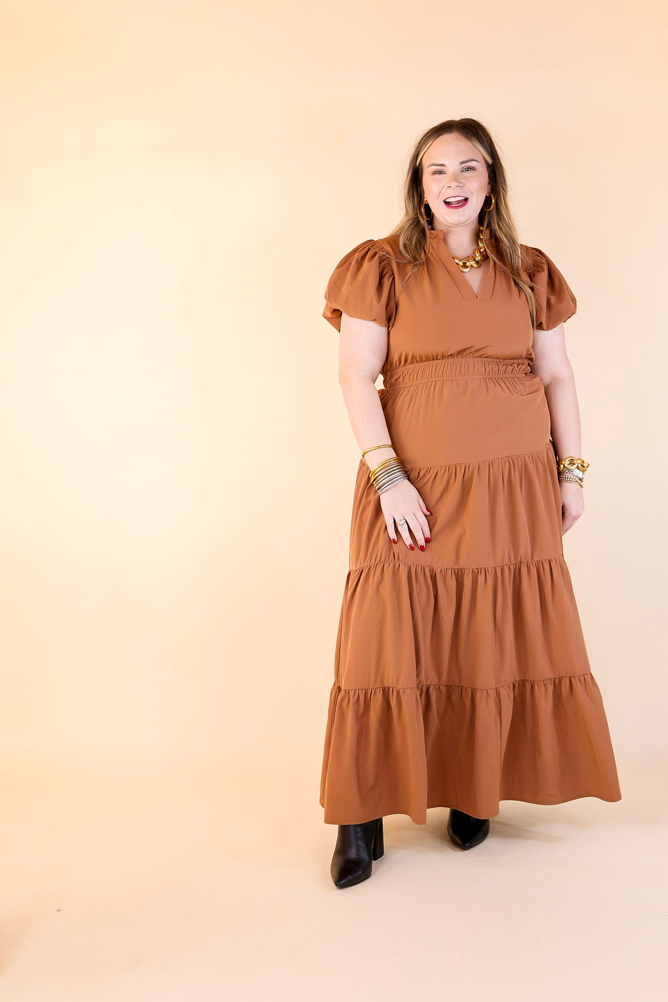 Table for Two Tiered Maxi Dress with Puff Sleeves in Clay Rust Orange