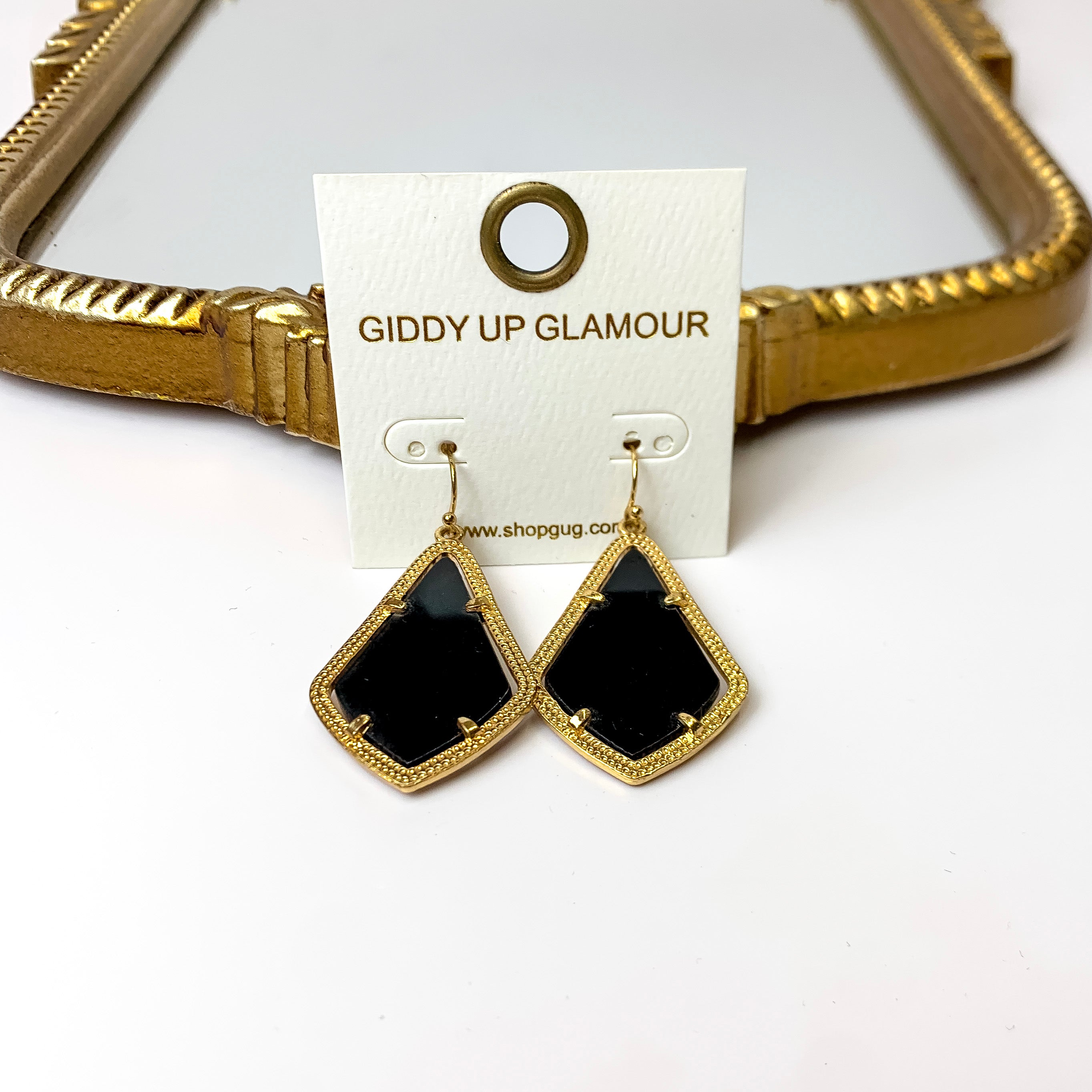 Gold Tone Framed Enamel Dangle Earrings in Black - Giddy Up Glamour Boutique