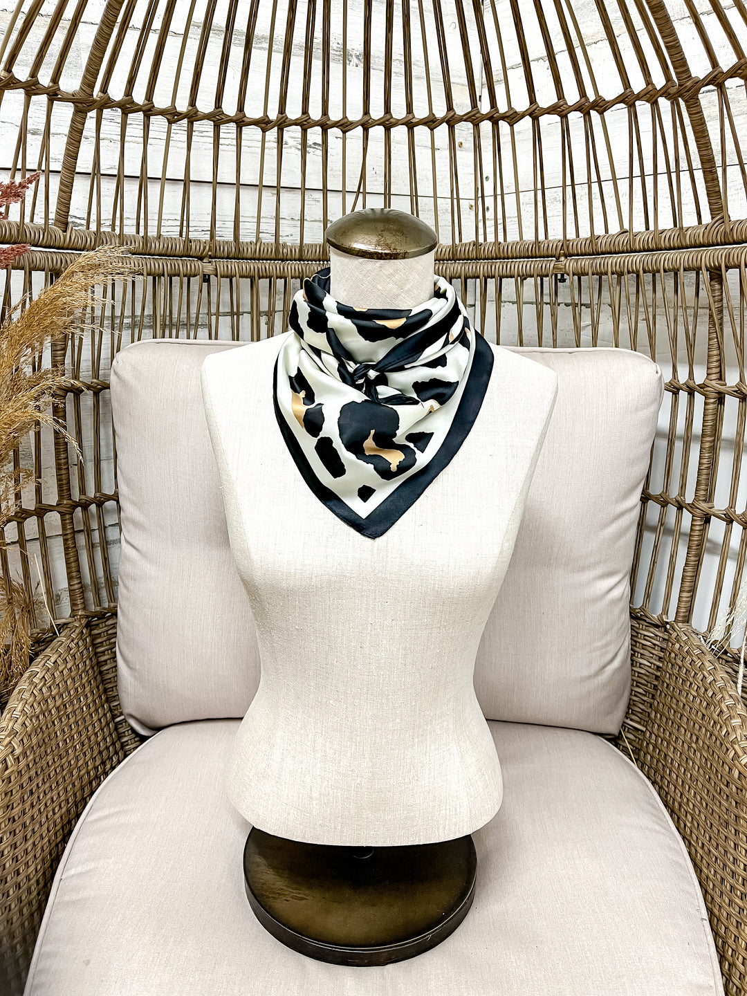 Wild Chic Black and Ivory Large Leopard Print Silk Feel Square Scarf in Leopard