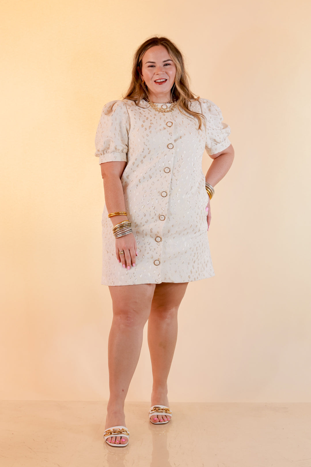 Bold Bliss Button Front Puff Sleeve Metallic Leopard Print Statement Dress in White