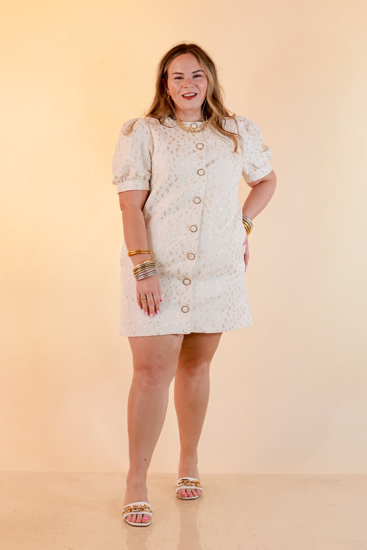 Bold Bliss Button Front Puff Sleeve Metallic Leopard Print Statement Dress in White