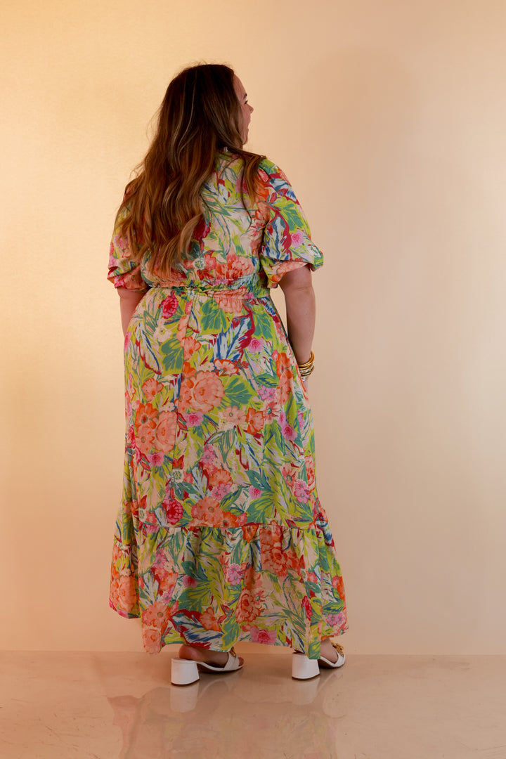 Reserved for Brunch Puff Sleeve Smocked Waist Floral Maxi Dress in Green Multi