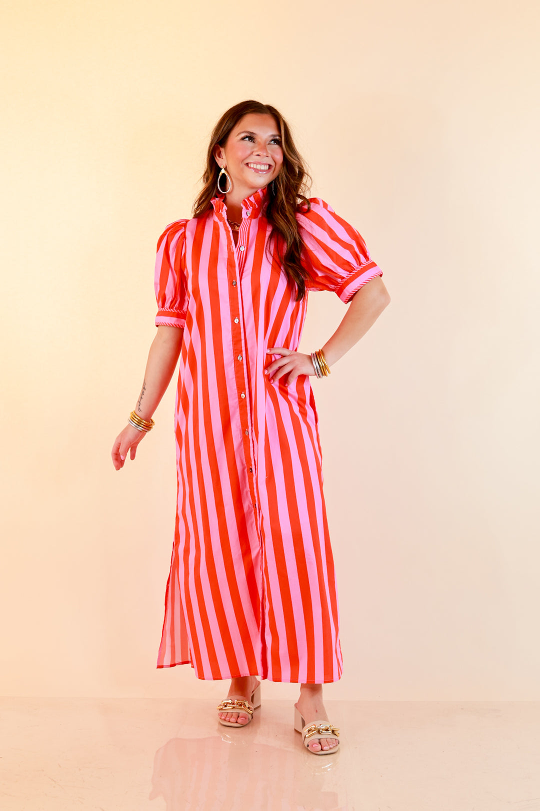 Strut and Shine Stripe Midi Dress with Button Front Detail and Puff Sleeves in Pink and Red