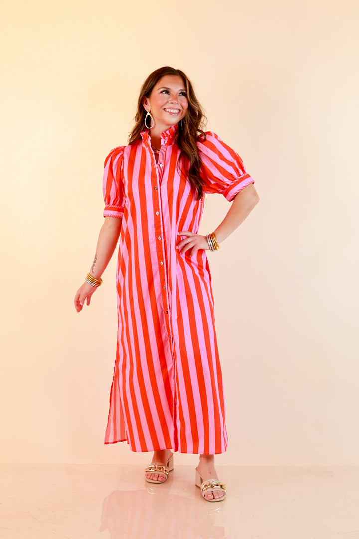 Strut and Shine Stripe Midi Dress with Button Front Detail and Puff Sleeves in Pink and Red