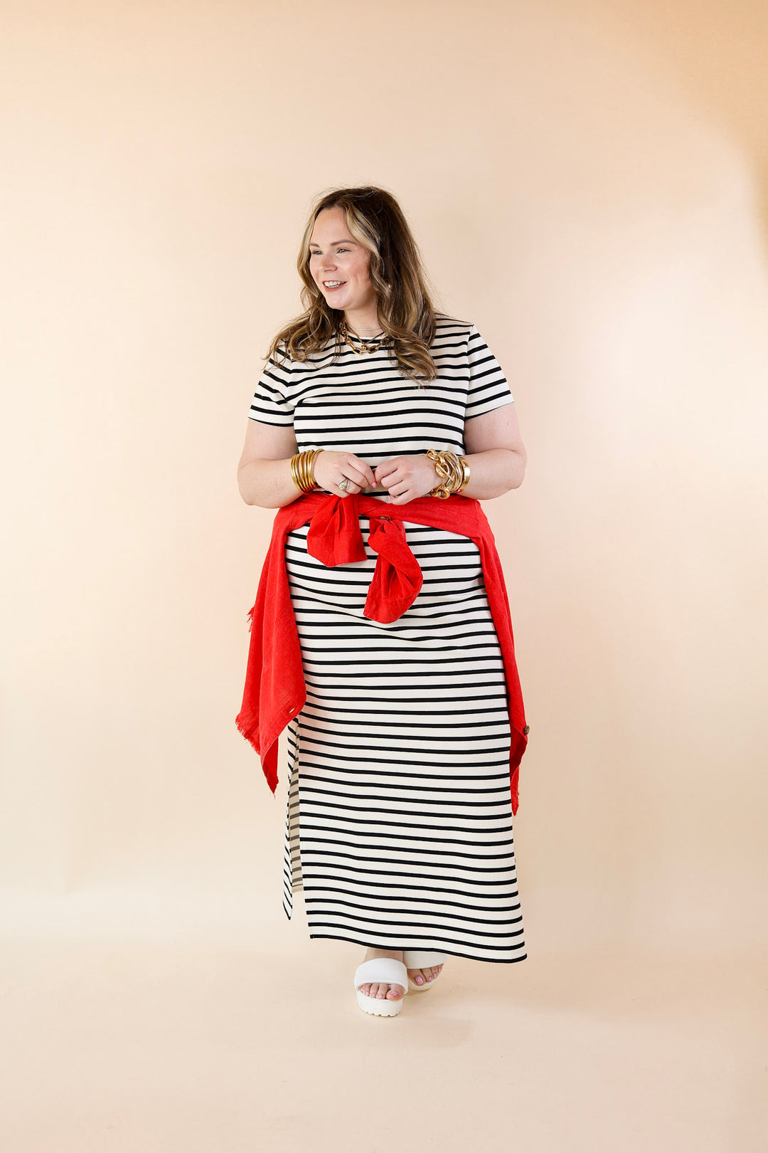 SPANX | AirEssentials Maxi T-Shirt Dress in Very Black Stripe - Giddy Up Glamour Boutique