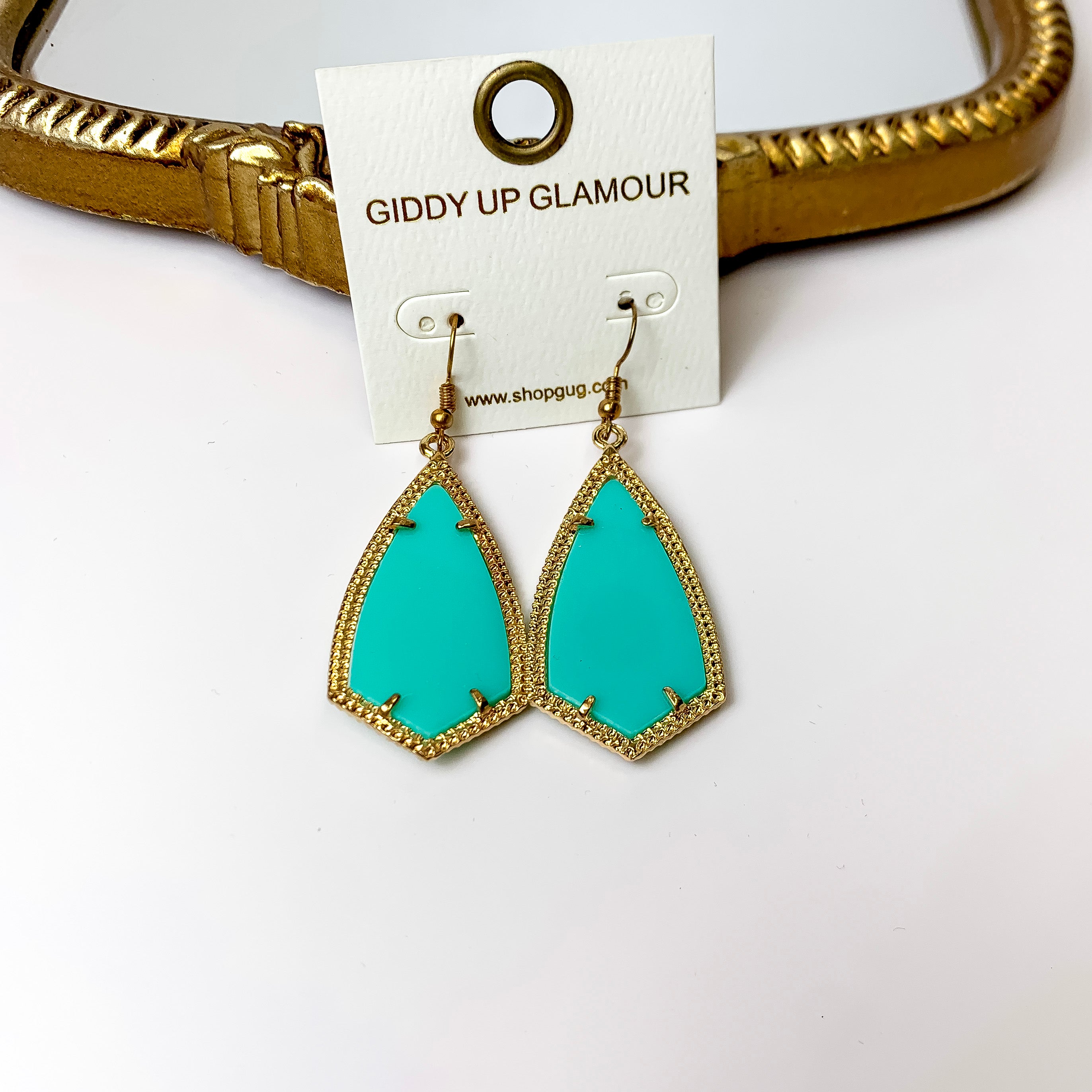 Gold Tone Framed Enamel Dangle Earrings in Teal Green - Giddy Up Glamour Boutique
