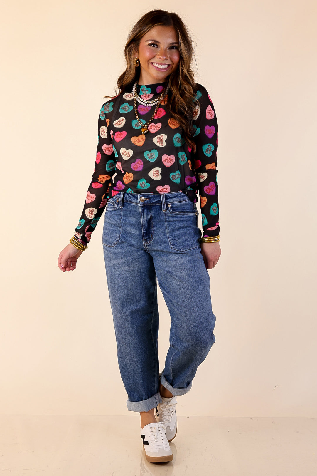 Sheer Confidence Western Theme Conversation Heart Print Mesh Long Sleeve Top in Black