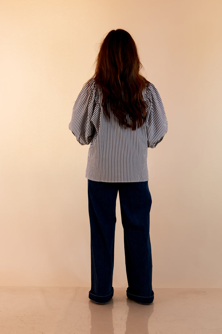 Crisp and Collected Stripe Button Front Collared Top with Puff Short Sleeves in Black and White