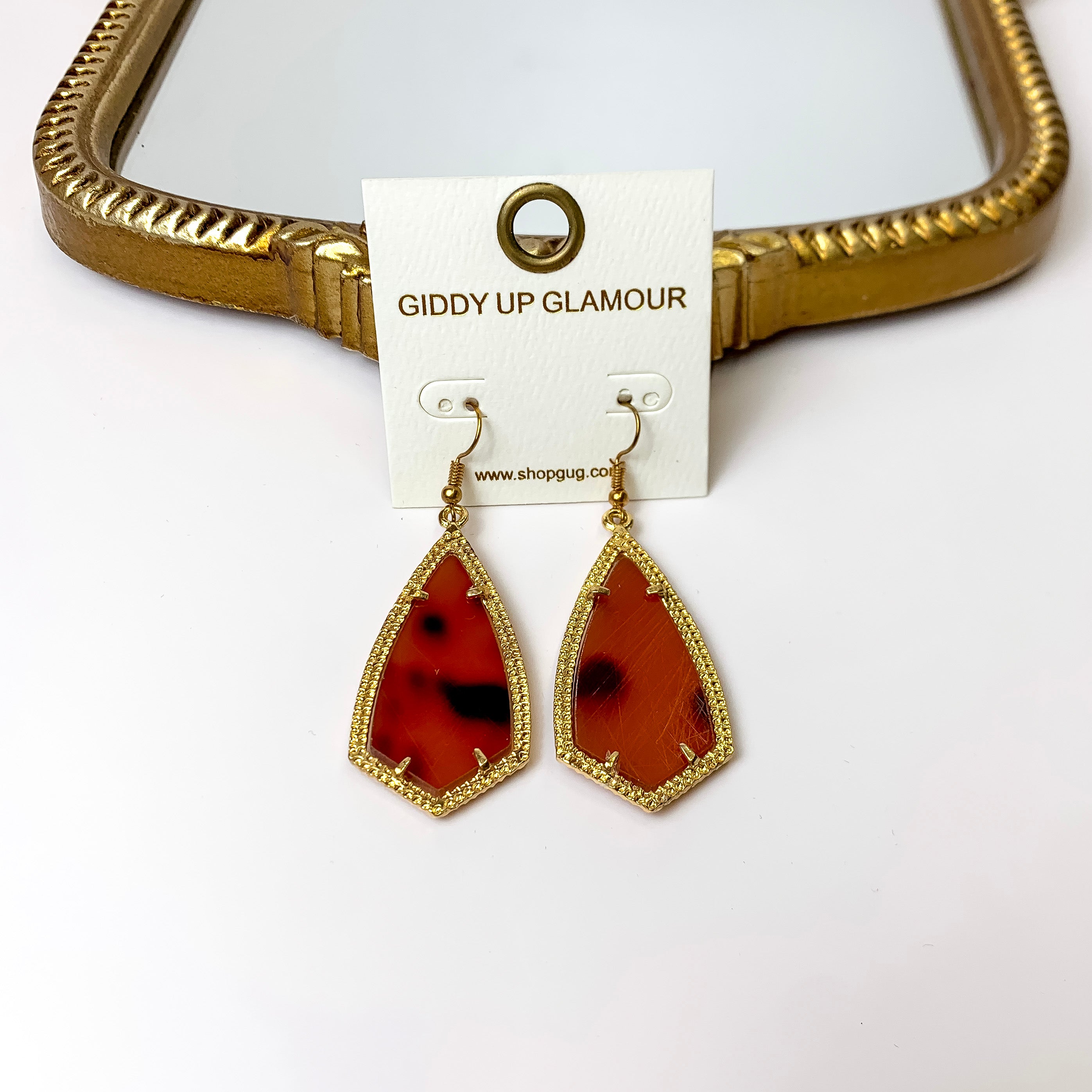 Gold Tone Framed Enamel Dangle Earrings in Tortoise Shell - Giddy Up Glamour Boutique