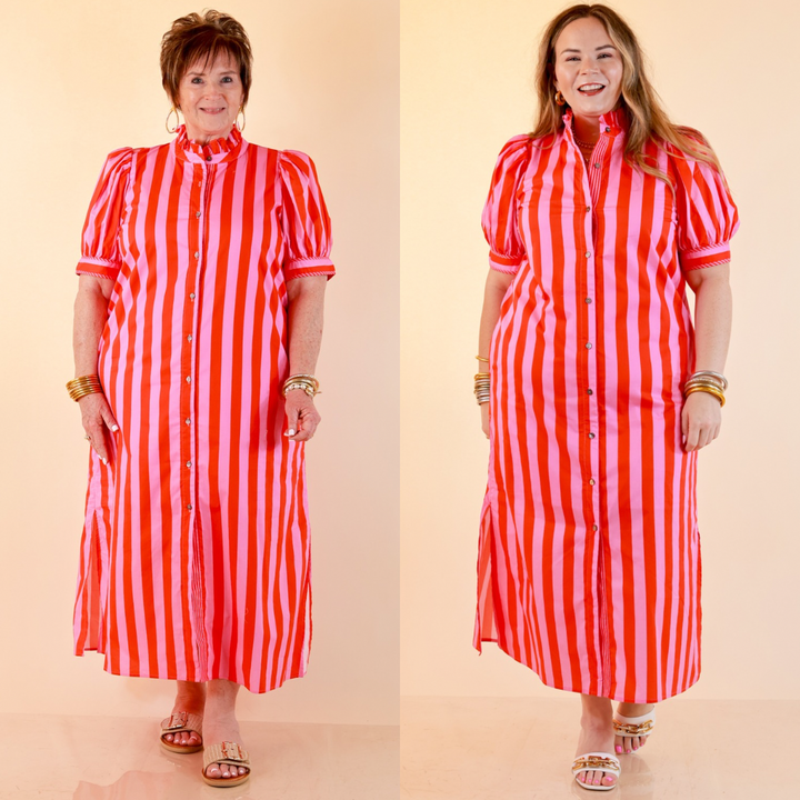Strut and Shine Stripe Midi Dress with Button Front Detail and Puff Sleeves in Pink and Red