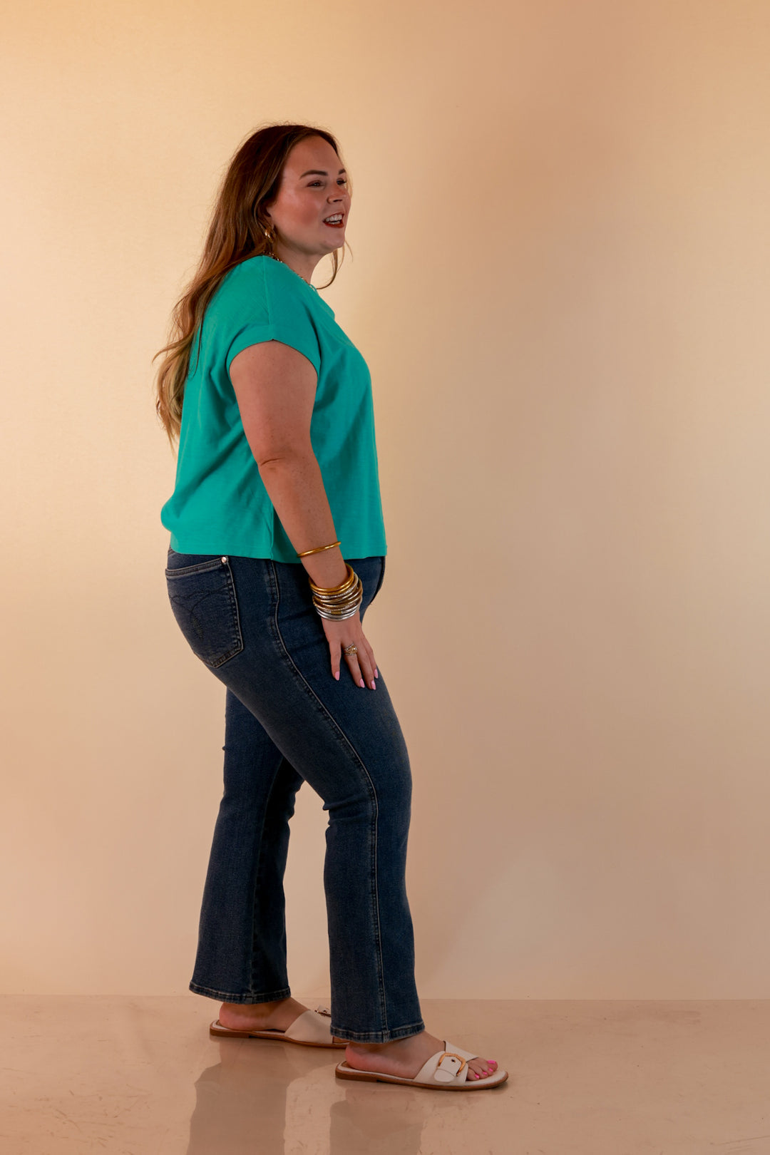 Laidback Luxe Rolled Drop Sleeve Relaxed Fit Basic Short Sleeve Top in Mint Blue
