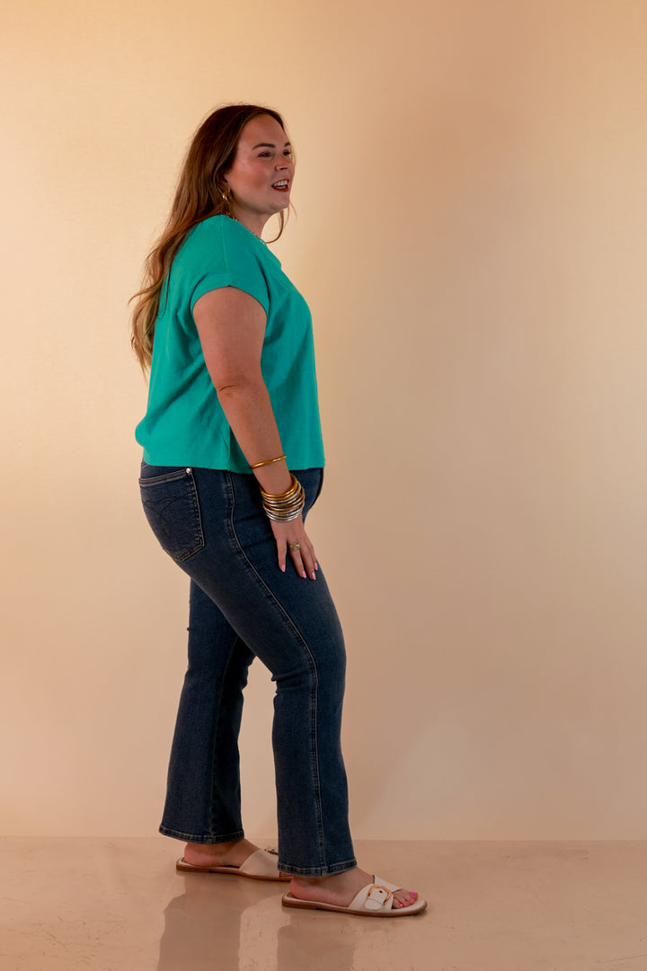 Laidback Luxe Rolled Drop Sleeve Relaxed Fit Basic Short Sleeve Top in Mint Blue