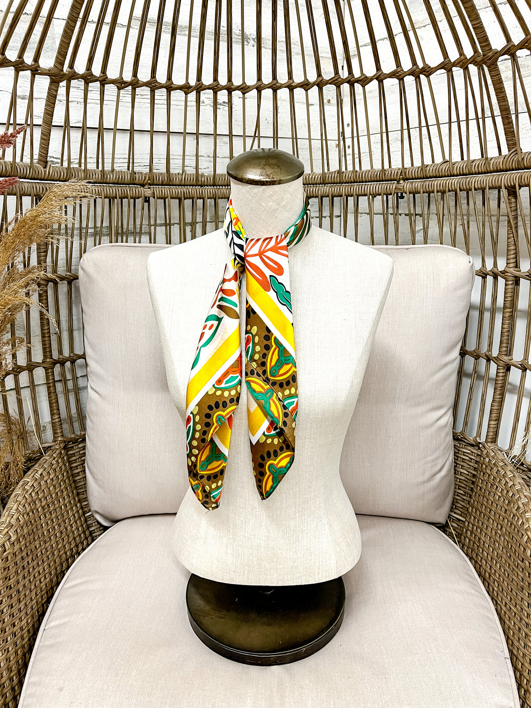 Golden Harvest Floral Fall Tones Silk Feel Square Scarf in Mustard, Green & Rust