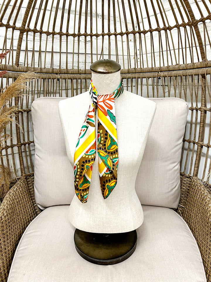 Golden Harvest Floral Fall Tones Silk Feel Square Scarf in Mustard, Green & Rust