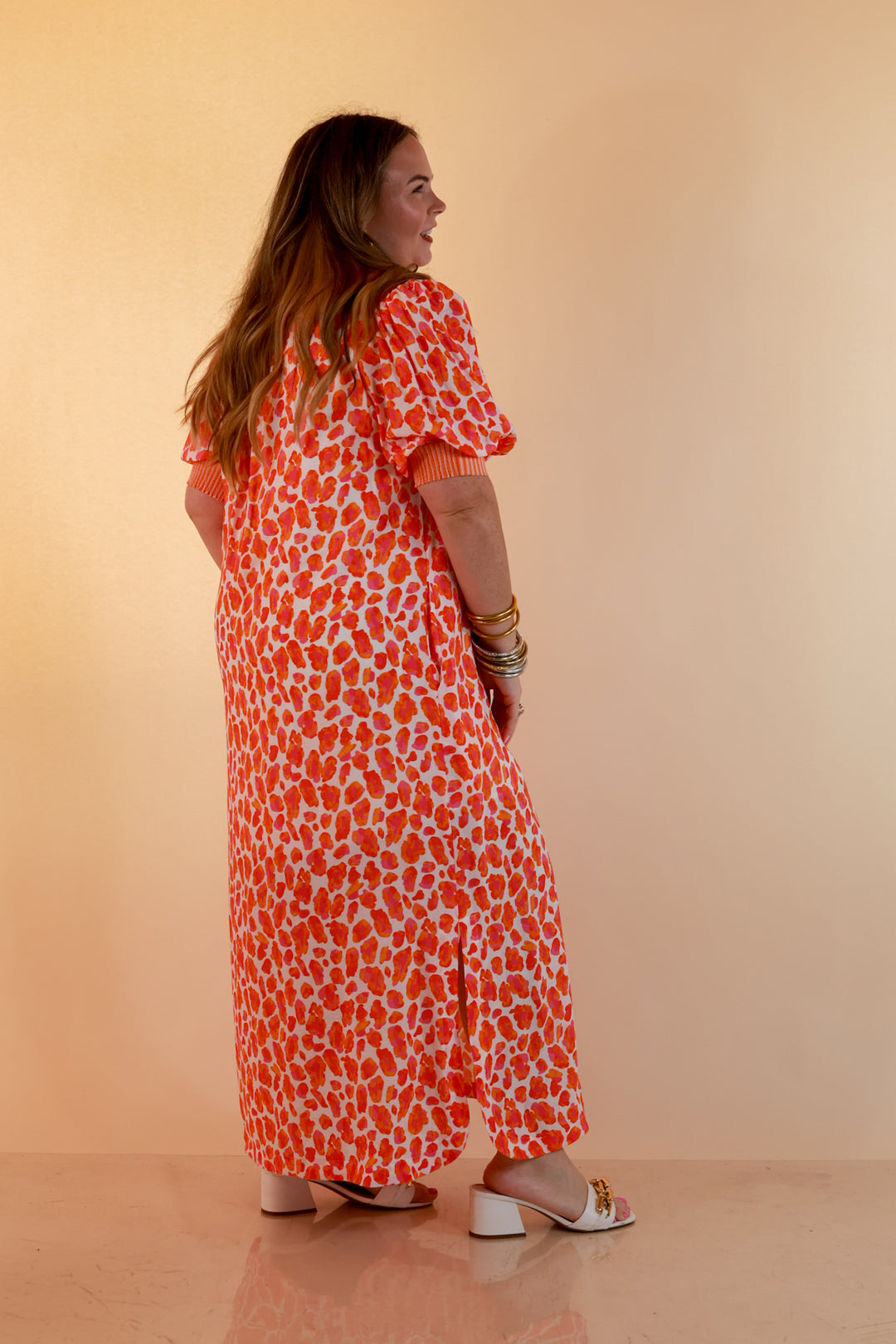 Feeling Extra Leopard Print Midi Dress with Stripe Contrast Collar and Puff Sleeves in Pink and Orange