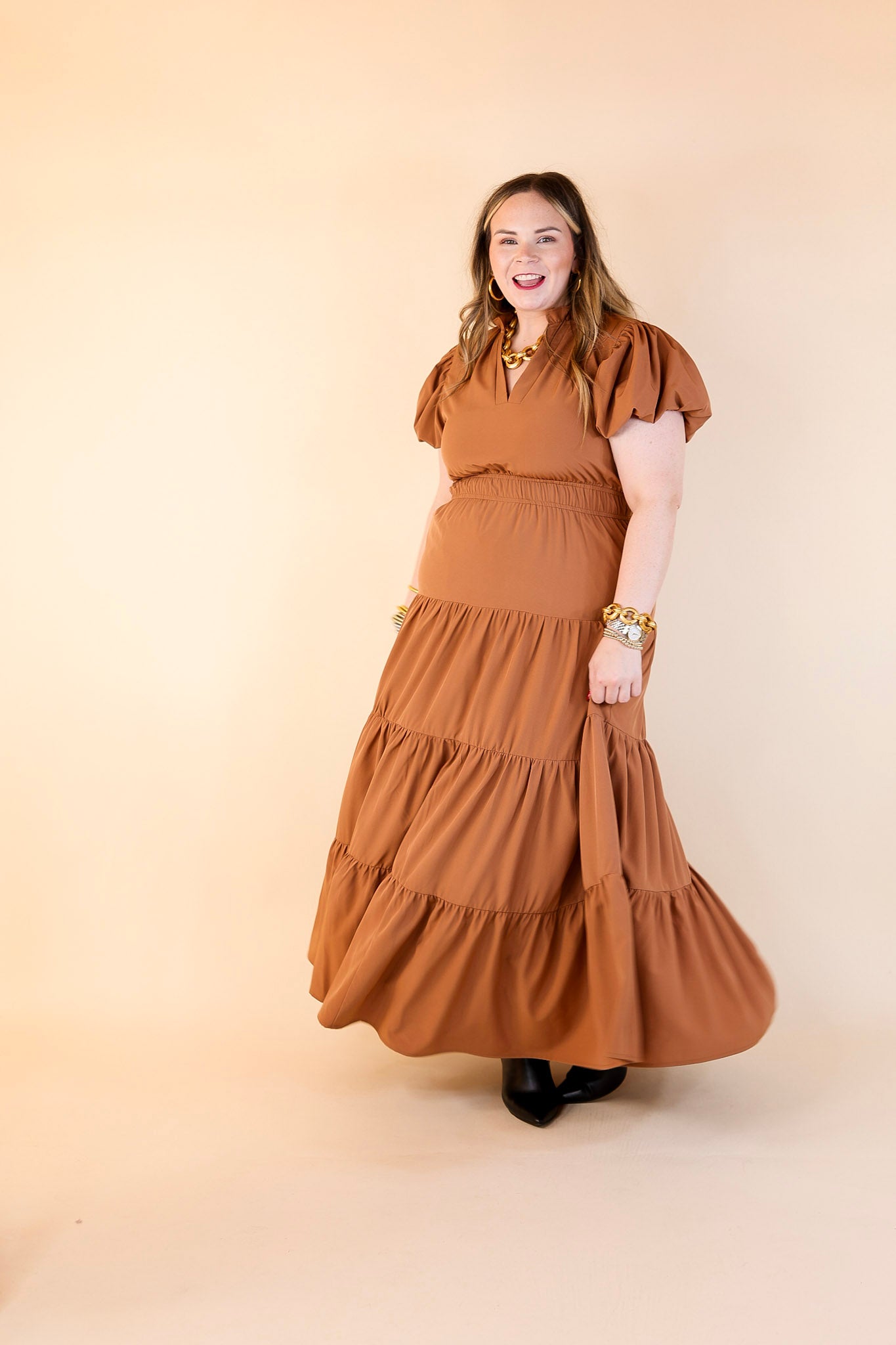 Table for Two Tiered Maxi Dress with Puff Sleeves in Clay Rust Orange