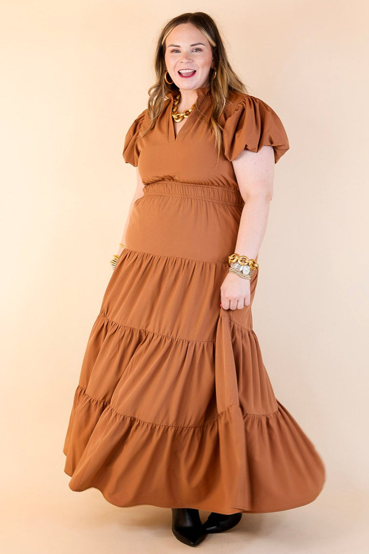 Table for Two Tiered Maxi Dress with Puff Sleeves in Clay Rust Orange