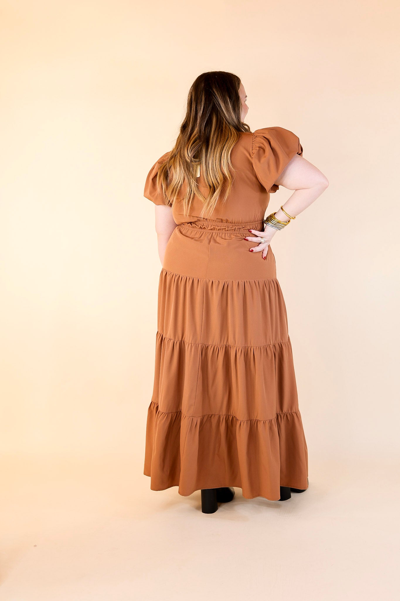 Table for Two Tiered Maxi Dress with Puff Sleeves in Clay Rust Orange