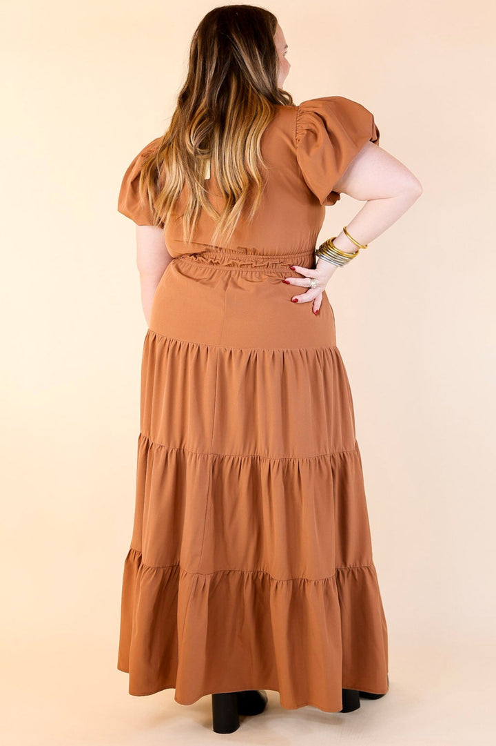 Table for Two Tiered Maxi Dress with Puff Sleeves in Clay Rust Orange
