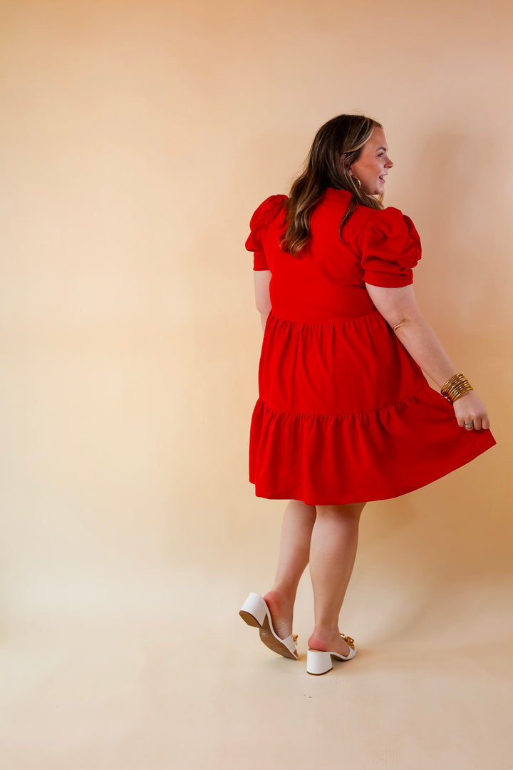 Call Me Chic Balloon Sleeve Short Dress in Red - Giddy Up Glamour Boutique