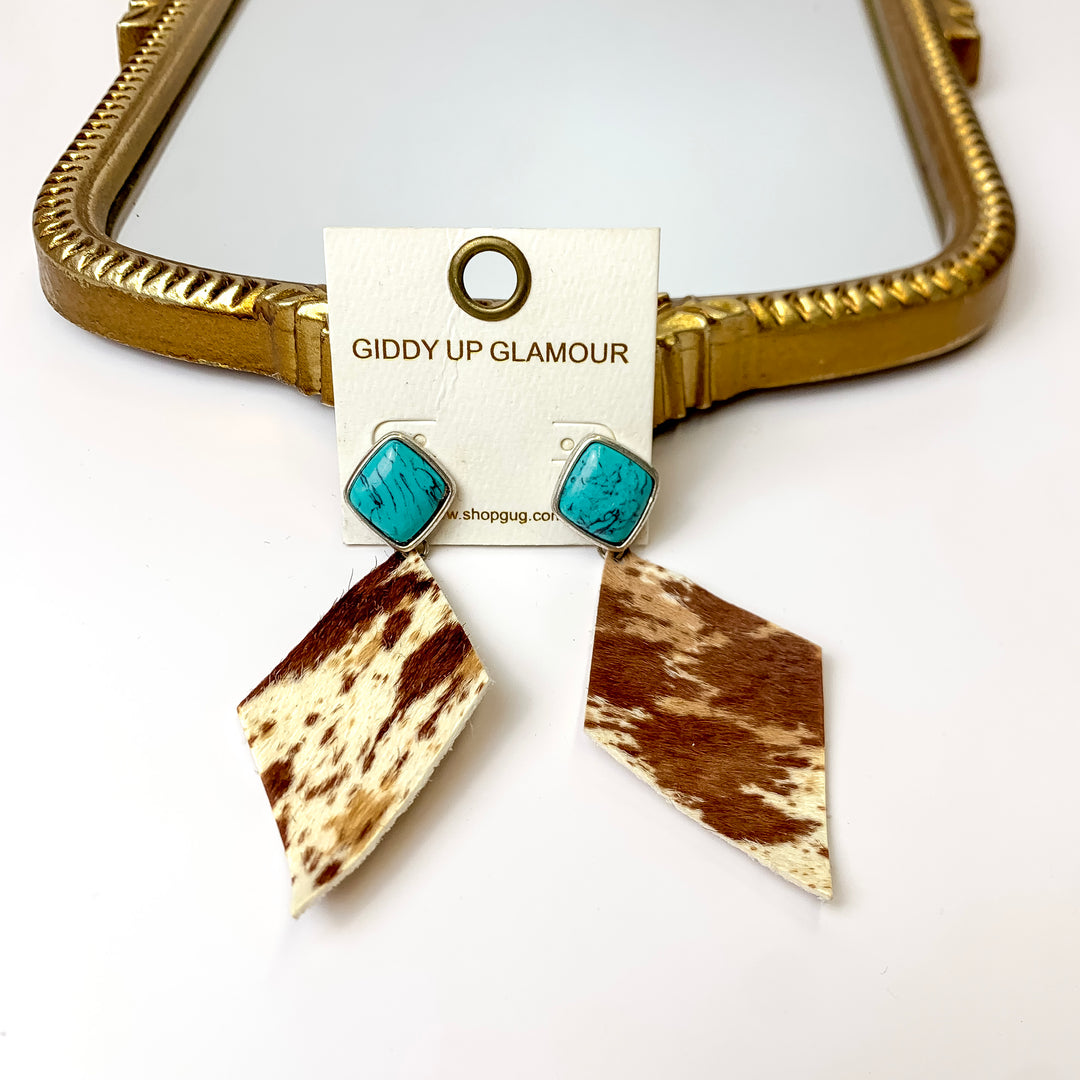 Silver Tone Faux Turquoise Post Earrings with Faux Hide Diamond Shaped Dangle - Giddy Up Glamour Boutique