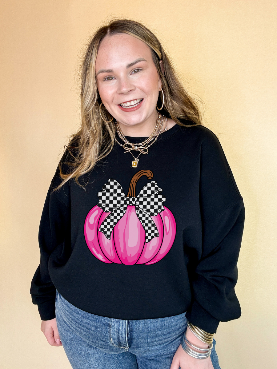 Online Exclusive | Pretty in Pink Hot Pink Pumpkin with Checkered Bow Graphic Sweatshirt in Multiple Color Options