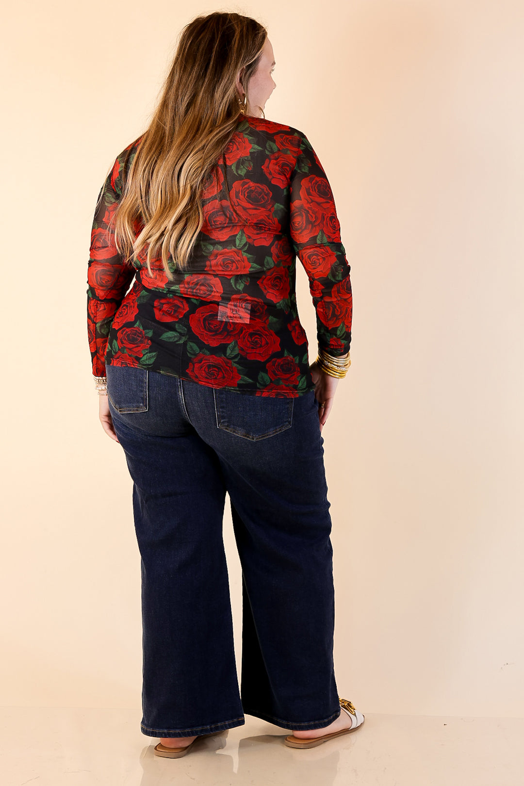 Sheer Confidence Red Rose Print Mesh Long Sleeve Top in Black