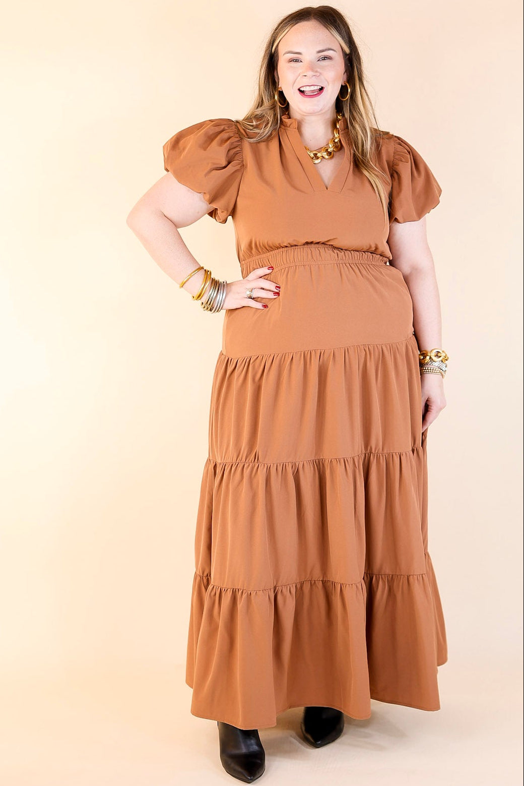 Table for Two Tiered Maxi Dress with Puff Sleeves in Clay Rust Orange