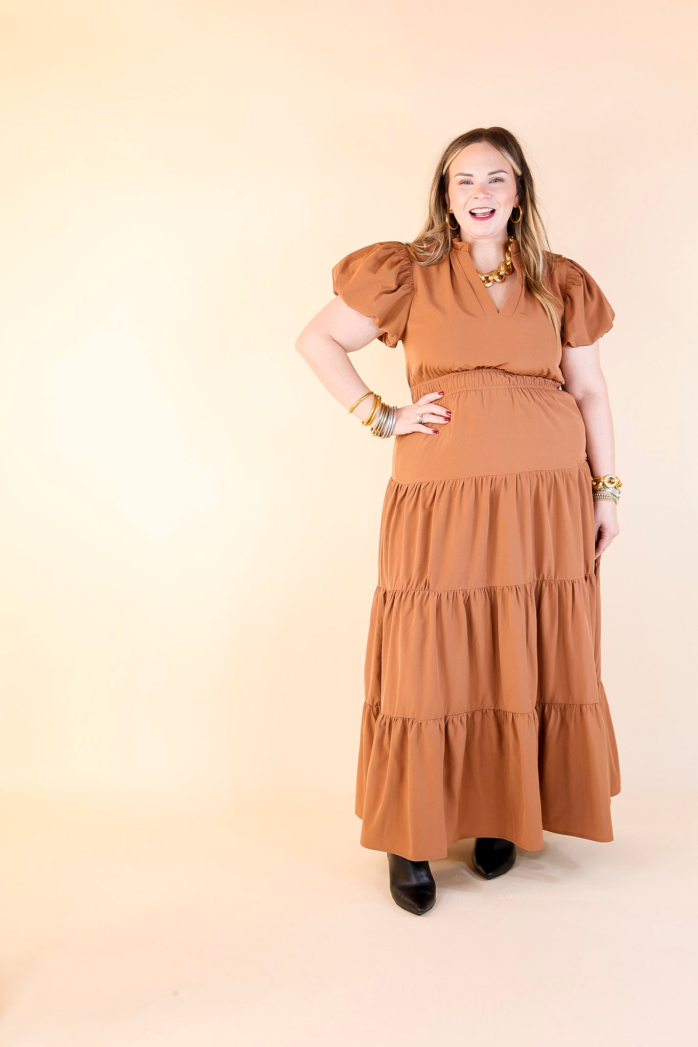 Table for Two Tiered Maxi Dress with Puff Sleeves in Clay Rust Orange