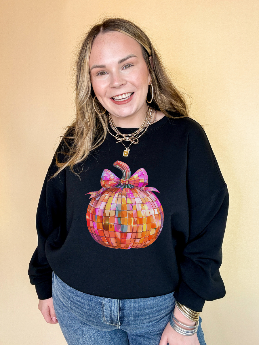 Online Exclusive | Disco Multi Colored Pumpkin with Bow Graphic Sweatshirt in Multiple Color Options