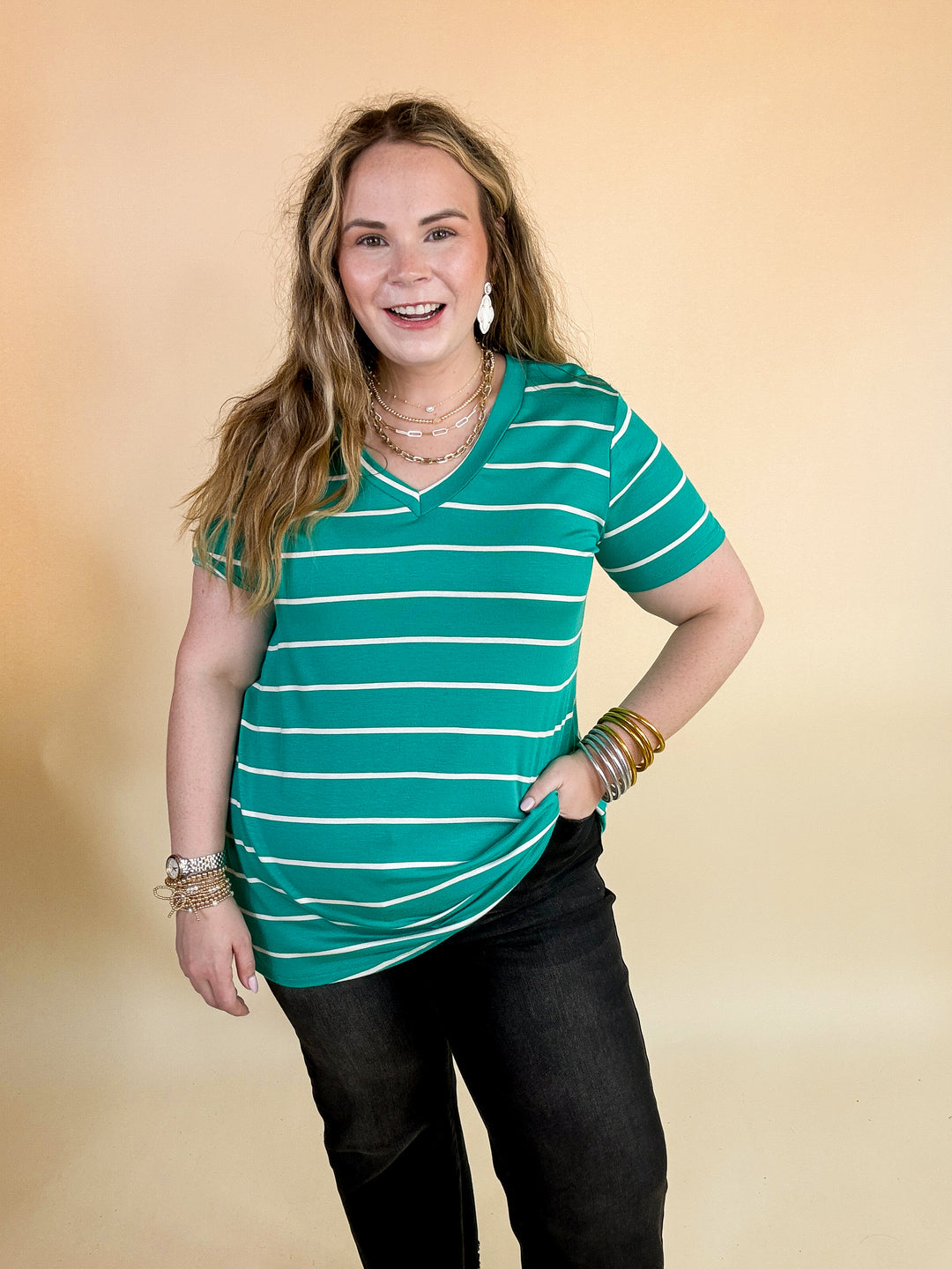 Keep Things Casual Striped V Neck Tee in Teal