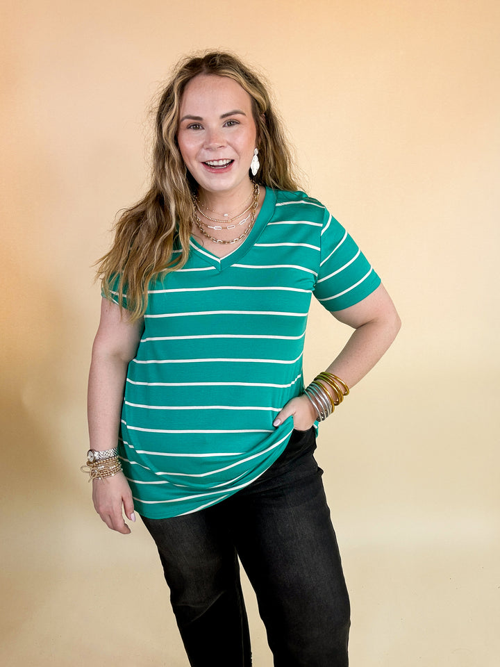 Keep Things Casual Striped V Neck Tee in Teal