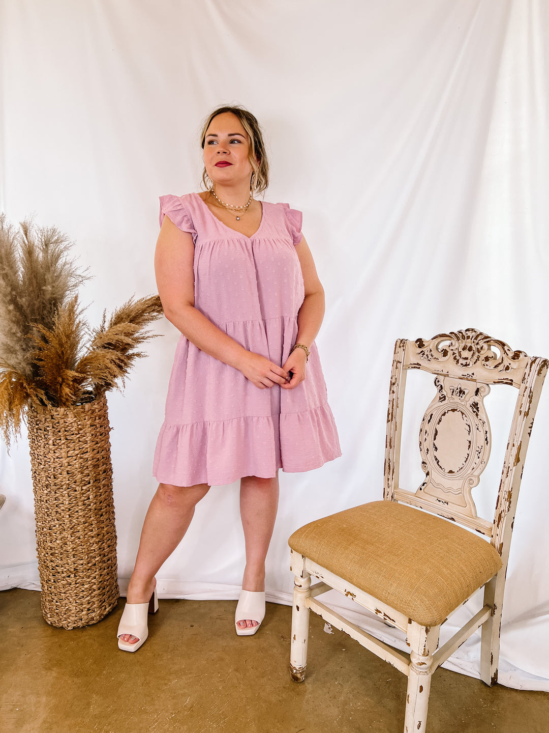 Real Romance Swiss Dot Tiered Dress with Ruffle Cap Sleeves in Mauve Pink - Giddy Up Glamour Boutique