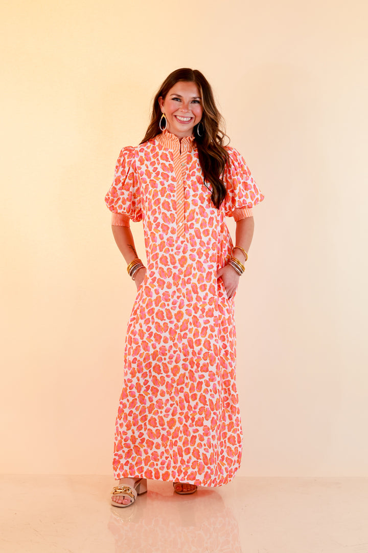 Feeling Extra Leopard Print Midi Dress with Stripe Contrast Collar and Puff Sleeves in Pink and Orange