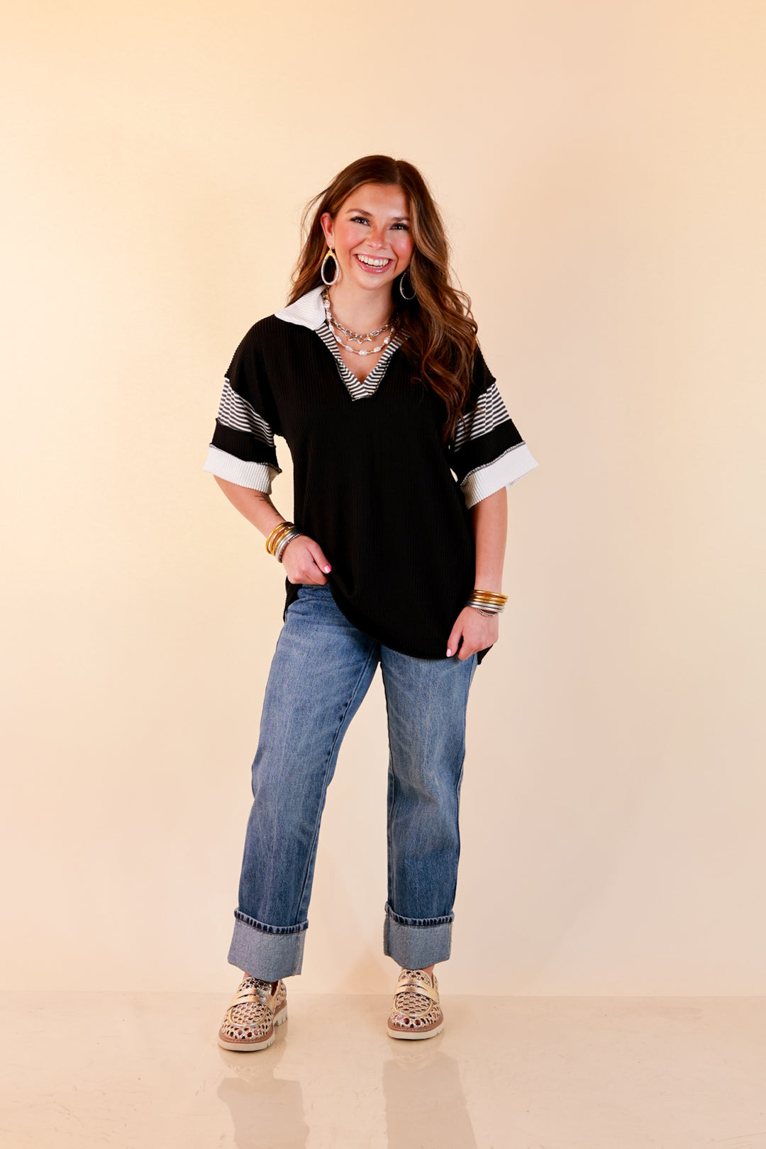 Chic by Design Ribbed Collared Top with Contrast Stripe Short Sleeves in Black