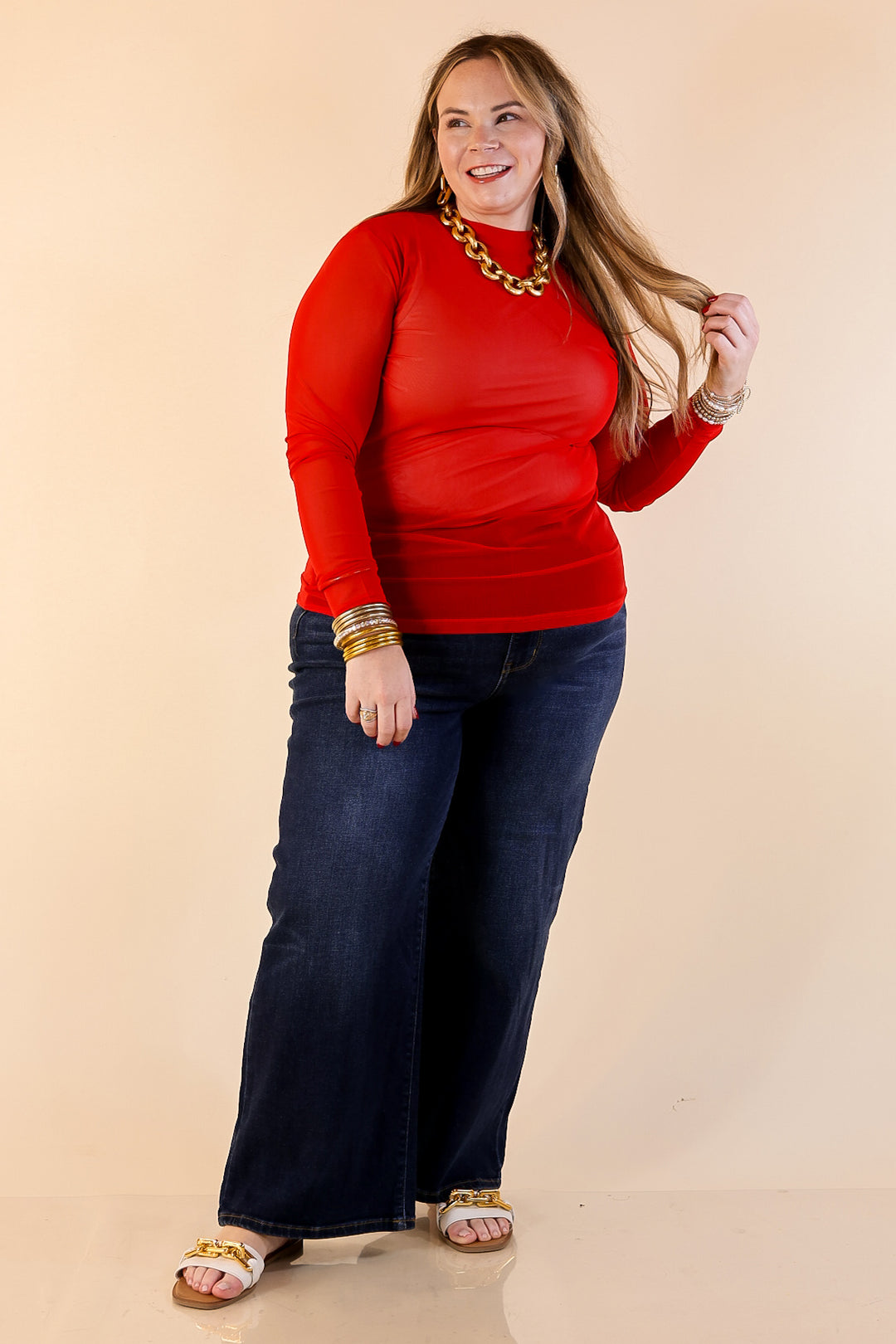 Sheer Confidence Solid Mesh Long Sleeve Top in Red