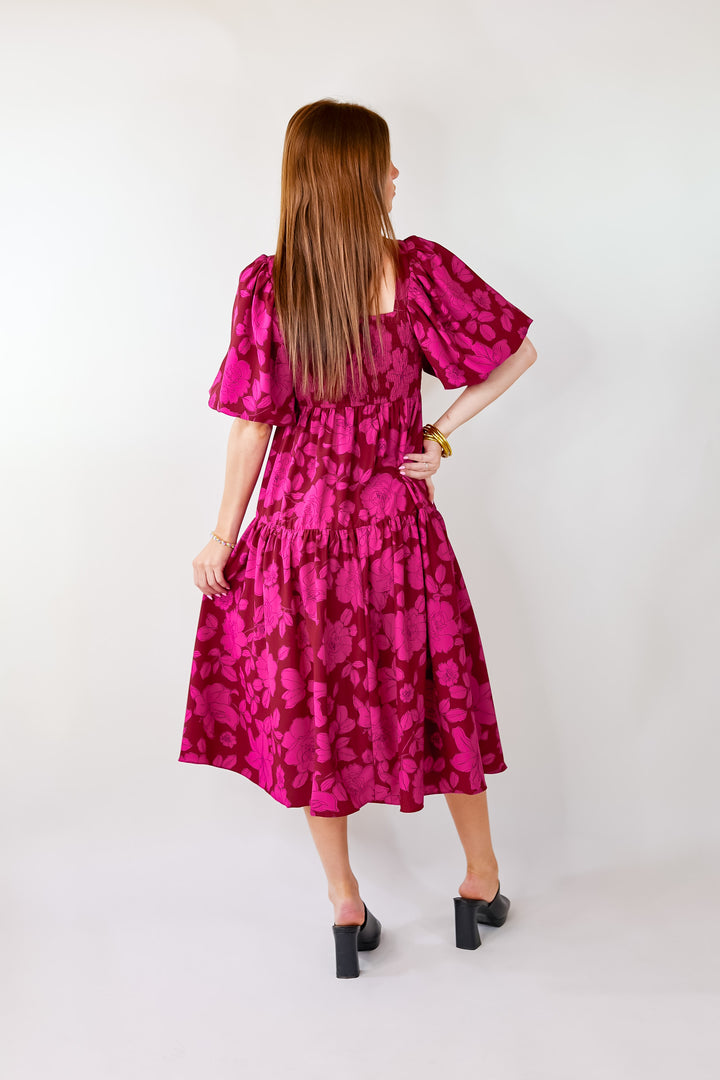 Floral Fascination Tiered Midi Dress In Brick Red and Pink - Giddy Up Glamour Boutique